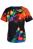 Colour Fashion Casual Print Patchwork V Neck T-Shirts