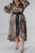 Brown Casual Print Leopard Patchwork V Neck Long Sleeve Plus Size Dresses
