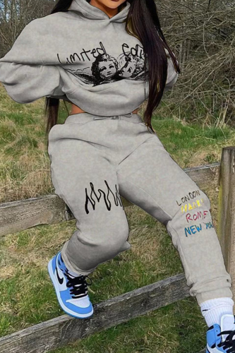 Grey Street Print Patchwork Hooded Collar Long Sleeve Two Pieces