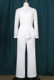 White Elegant Solid Patchwork Flounce O Neck Straight Jumpsuits