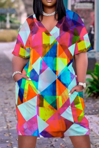 Rose Red Casual Print Patchwork V Neck Straight Dresses