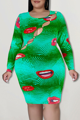 Green Sexy Print Hollowed Out Patchwork O Neck Pencil Skirt Dresses