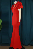 Red Elegant Solid Patchwork Appliques V Neck Evening Dress Dresses