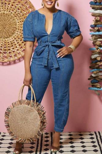 The cowboy blue Casual Solid Patchwork With Belt Zipper Collar Jumpsuits