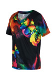 Colour Fashion Casual Print Patchwork V Neck T-Shirts