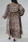 Brown Casual Print Leopard Patchwork V Neck Long Sleeve Plus Size Dresses