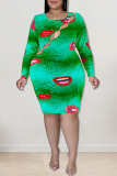 Green Sexy Print Hollowed Out Patchwork O Neck Pencil Skirt Dresses