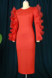 Red Elegant Solid Patchwork Flounce O Neck Evening Dress Dresses