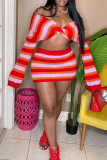 Red Sexy Striped V Neck Long Sleeve Two Pieces