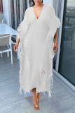 Apricot Sexy Solid Tassel Hollowed Out Patchwork V Neck Beach Dress Dresses