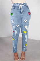 Baby Blue Casual Print Ripped Patchwork High Waist Skinny Denim Jeans