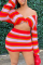Red Sexy Striped V Neck Long Sleeve Two Pieces