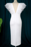 White Elegant Solid Patchwork V Neck One Step Skirt Dresses