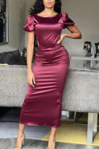 Burgundy Sexy Solid Hollowed Out Patchwork Backless O Neck One Step Skirt Dresses