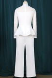 White Elegant Solid Patchwork Flounce O Neck Straight Jumpsuits