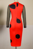 Red Sexy Print Patchwork O Neck One Step Skirt Dresses