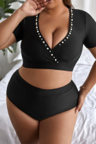 Black Sexy Solid Beading V Neck Plus Size Swimwear (With Paddings)