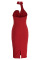 Rose Red Fashion Sexy Solid Backless Slit Halter Sleeveless Dress