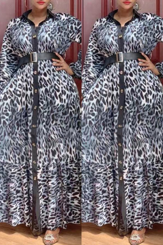 Grey Casual Print Leopard Patchwork With Belt Turndown Collar Long Sleeve Dresses