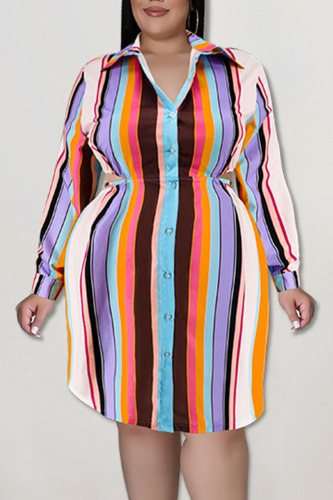 White Casual Striped Print Hollowed Out Patchwork Buckle Turndown Collar Shirt Dress Plus Size Dresses