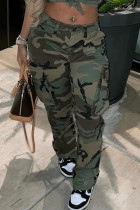 Army Green Fashion Casual Camouflage Print Patchwork Regular Mid Waist Trousers