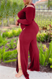 Burgundy Sexy Casual Solid Hollowed Out Patchwork Slit U Neck Plus Size Two Pieces