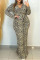 Apricot Casual Print Leopard Patchwork V Neck Long Sleeve Plus Size Dresses