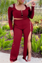 Burgundy Sexy Casual Solid Hollowed Out Patchwork Slit U Neck Plus Size Two Pieces