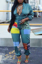 Light Green Sexy Patchwork Colorblock Printing O Neck Jumpsuits