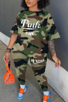 Army Green Casual Letter Print Patchwork O Neck Plus Size Two Pieces