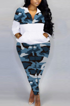 Blue Casual Camouflage Print Patchwork Zipper Collar Plus Size Two Pieces