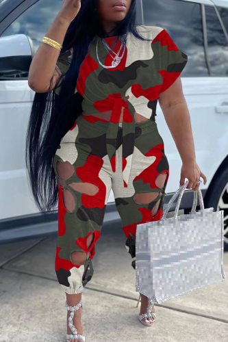 Red Casual Camouflage Print Hollowed Out O Neck Plus Size Two Pieces