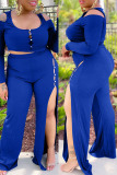 Blue Sexy Casual Solid Hollowed Out Patchwork Slit U Neck Plus Size Two Pieces