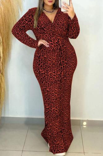 Burgundy Casual Print Leopard Patchwork V Neck Long Sleeve Plus Size Dresses