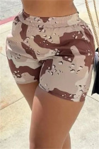 Apricot Casual Camouflage Print Patchwork Regular High Waist Shorts