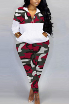 Red Casual Camouflage Print Patchwork Zipper Collar Plus Size Two Pieces