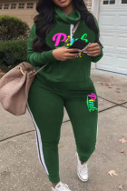 Army Green Casual Letter Print Patchwork Turtleneck Long Sleeve Two Pieces