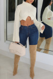 Cream White Sexy Casual Solid Patchwork Turtleneck Tops