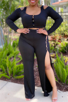 Black Sexy Casual Solid Hollowed Out Patchwork Slit U Neck Plus Size Two Pieces