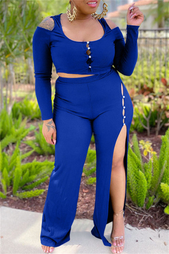 Blue Sexy Casual Solid Hollowed Out Patchwork Slit U Neck Plus Size Two Pieces
