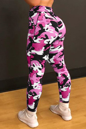 Pink Casual Camouflage Print Patchwork Skinny High Waist Pencil Trousers