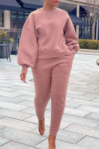 Orange Pink Casual Solid Patchwork O Neck Long Sleeve Two Pieces