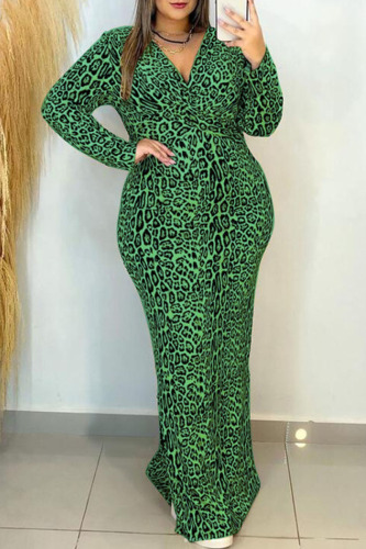 Green Casual Print Leopard Patchwork V Neck Long Sleeve Plus Size Dresses