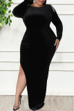White Sexy Casual Solid Patchwork Metal Accessories Decoration Backless Slit O Neck Long Sleeve Plus Size Dresses