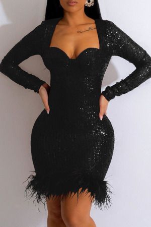 Black Sexy Patchwork Sequins Feathers Square Collar Long Sleeve Dresses