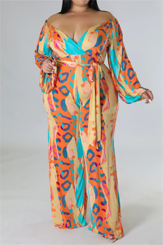 Apricot Casual Print Bandage Patchwork V Neck Plus Size Jumpsuits