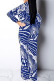 Blue Casual Print Bandage Patchwork V Neck Long Sleeve Two Pieces