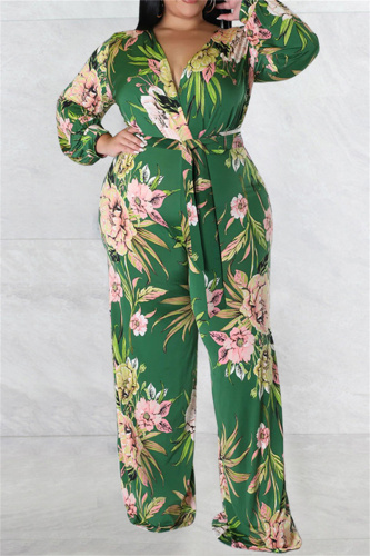 Green Casual Print Bandage Patchwork V Neck Plus Size Jumpsuits