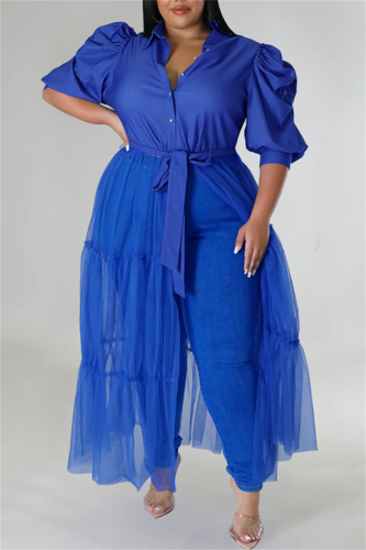 Blue Casual Plus Size Solid Patchwork Shirt Collar Shirt Dress