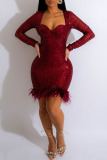 Silver Sexy Patchwork Sequins Feathers Square Collar Long Sleeve Dresses